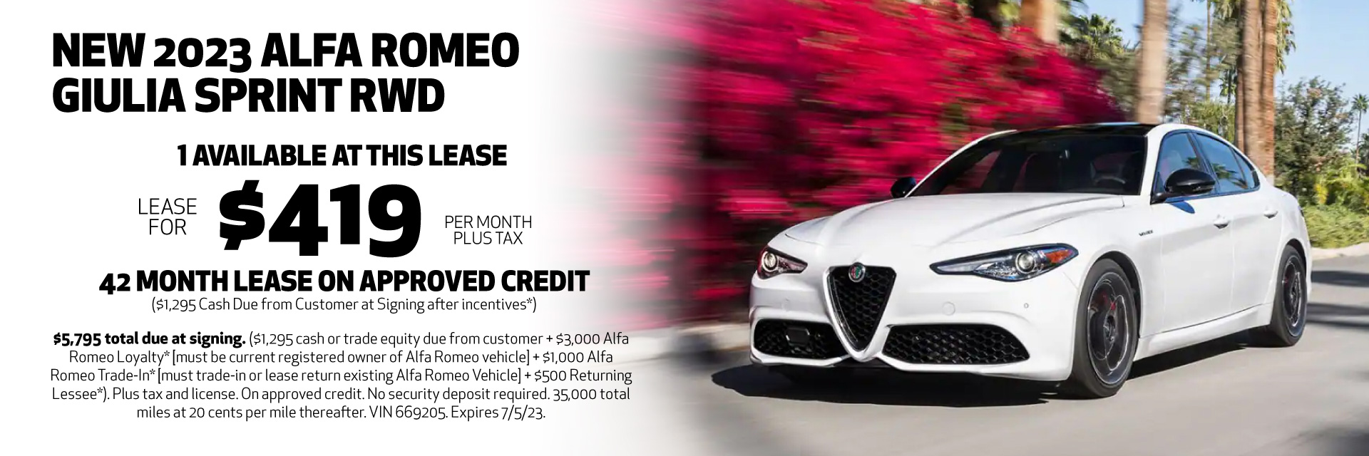 Lease a new 2023 Alfa Romeo Giulia Sprint RWD for $419/month plus tax for 42 months on approved credit. Offer expires 7/5/2023.